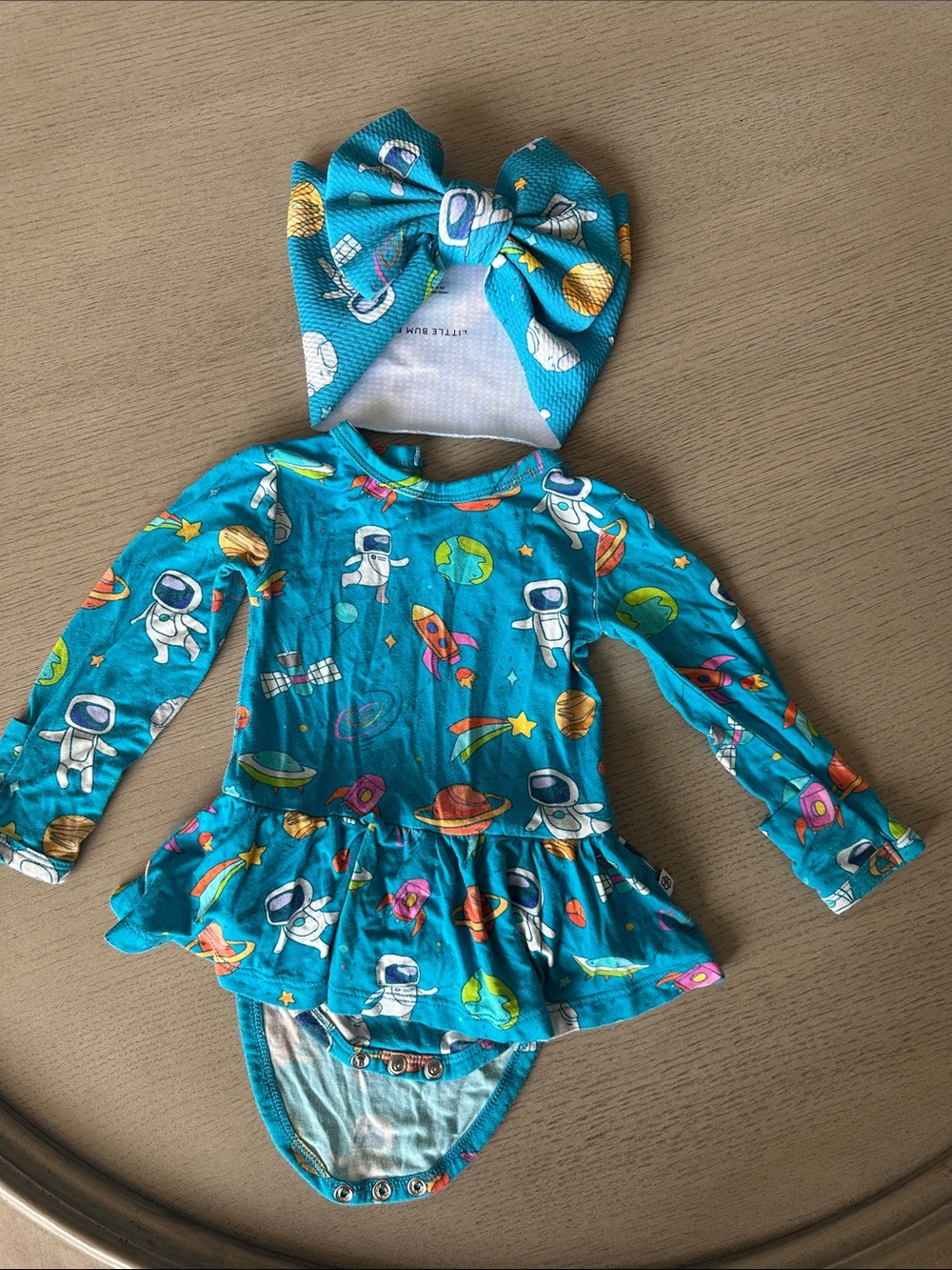 Turquoise Space-Print Long Sleeve Baby One-Piece with Skirt